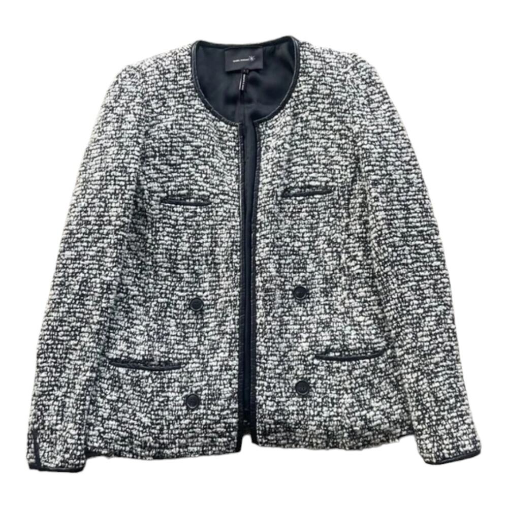 Isabel Marant Tweed Leather Trim Double Breasted Blazer Jacket XS 0 Black White